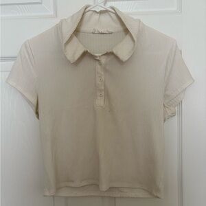 Elodie White Ribbed Button Down Crop Polo Shirt